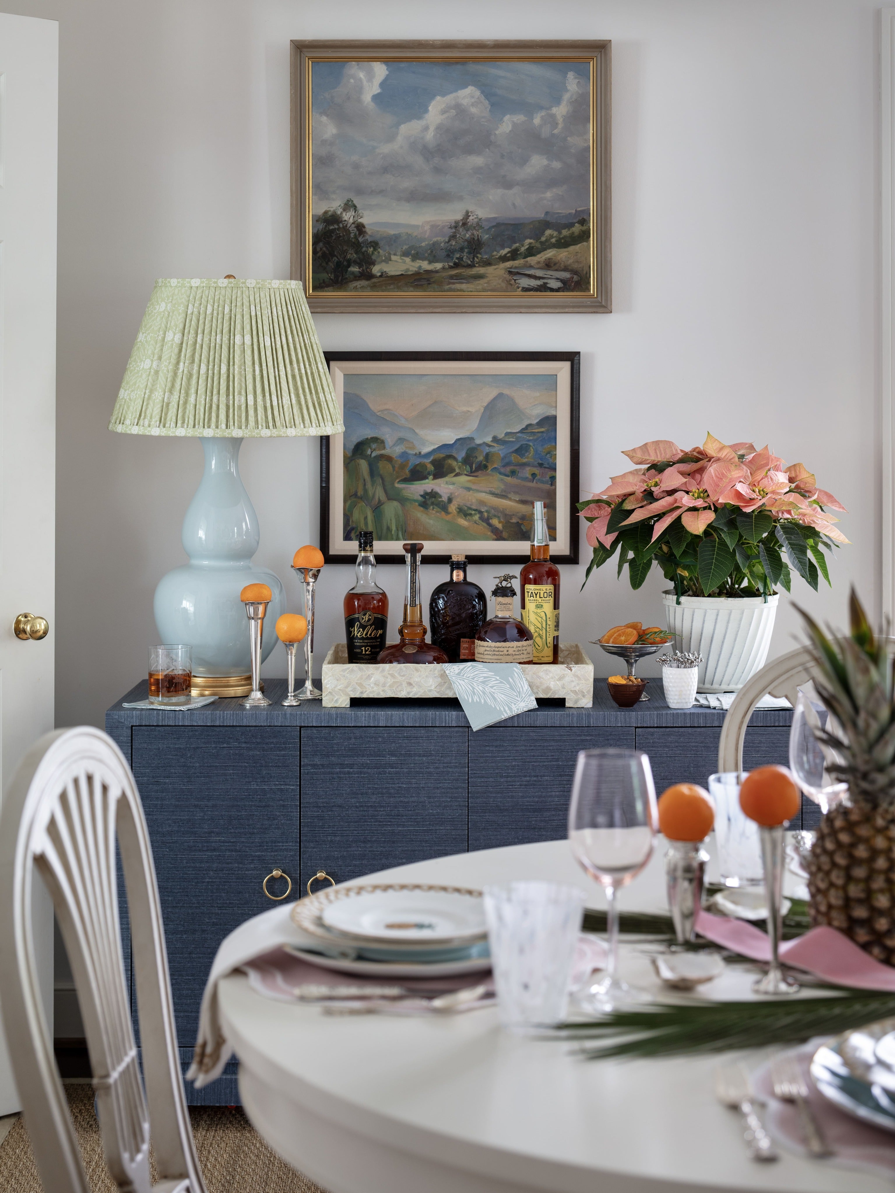 Liv Lamp in Sky with Gathered Tulipiere Pear Shade