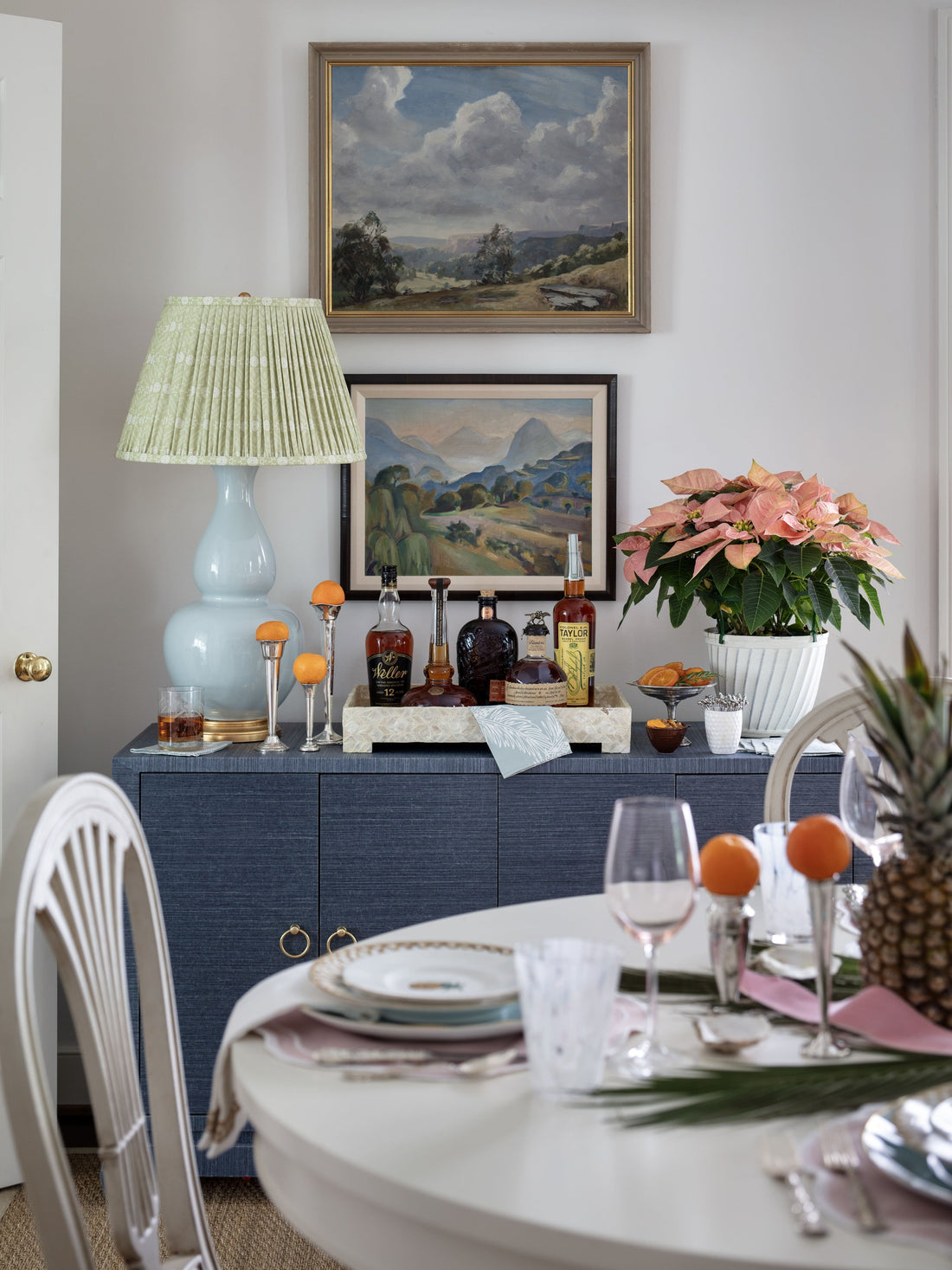 Liv Lamp in Sky with Gathered Tulipiere Pear Shade