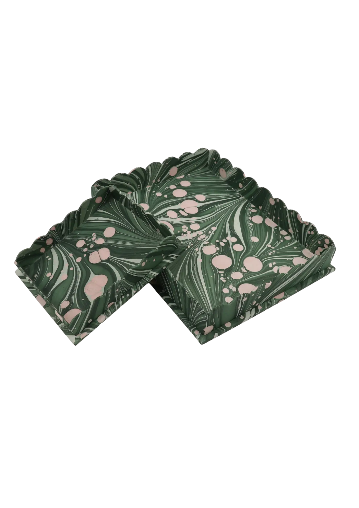 Marbled Scalloped Tray Set - Fire Whirl Green