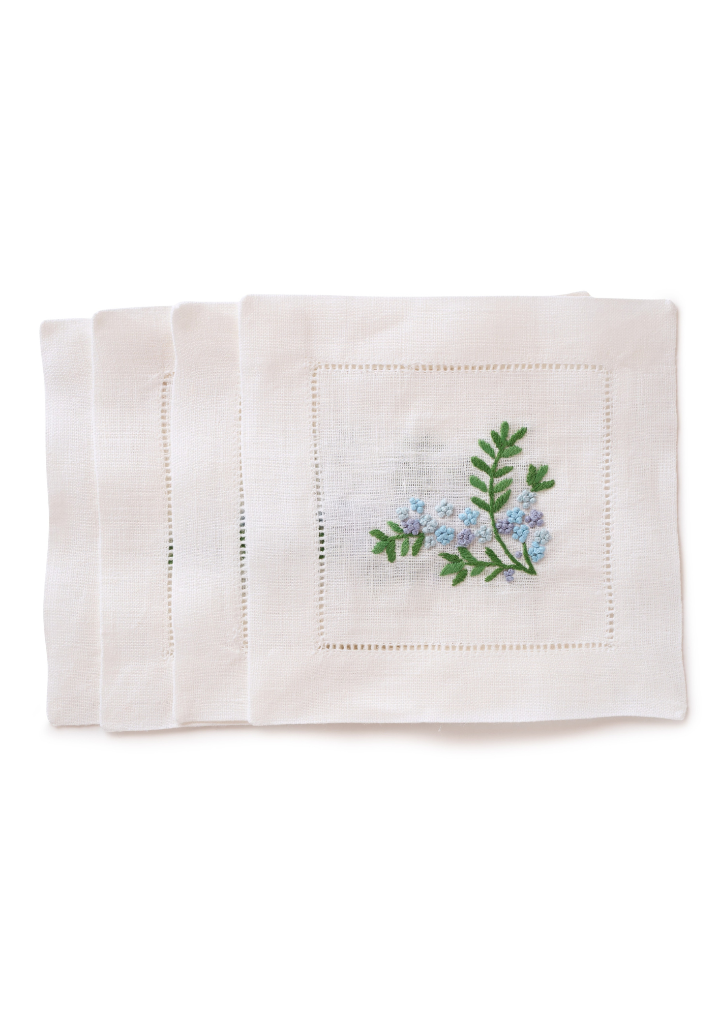 Hand Embroidered Blue Hydrangea Cocktail Napkins, Set of 4