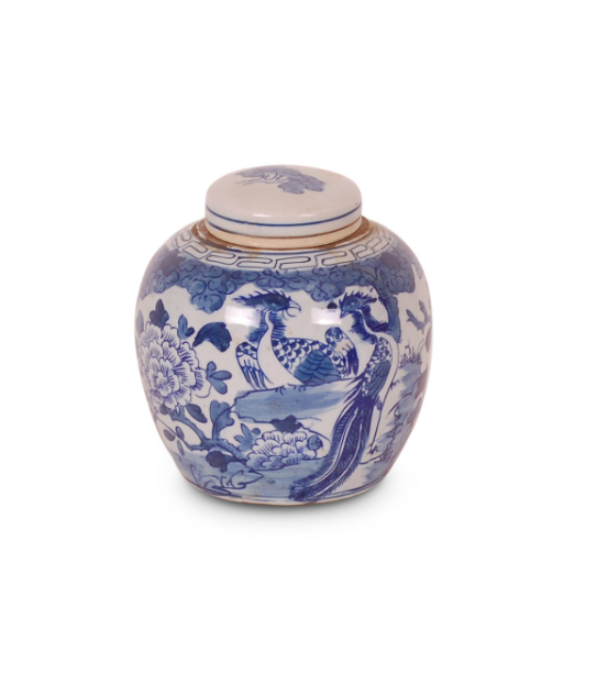 6" Blue and White Bird and Flower Jar