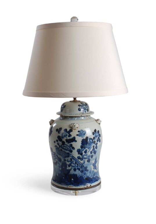 Blue and White Bird and Flower Ginger Jar Lamp